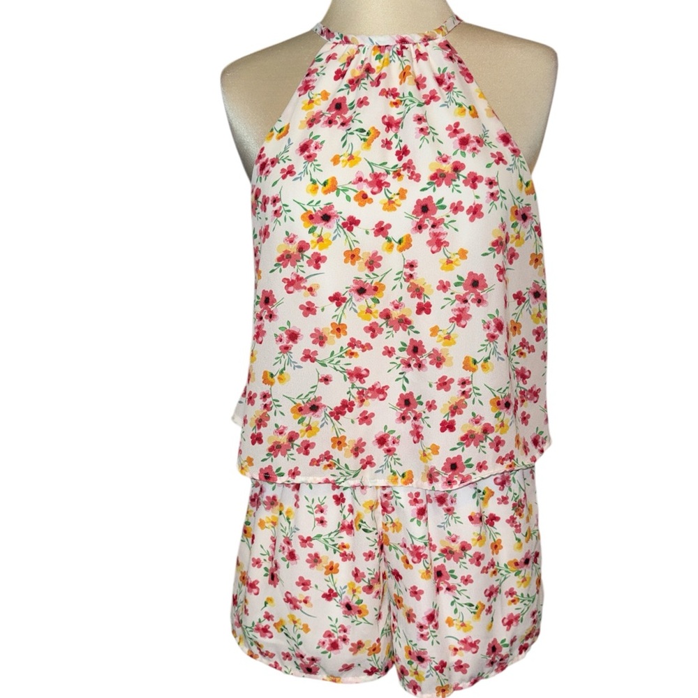 Jack by BB Dakota romper halter spaghetti straps tie & button back floral Sz XS